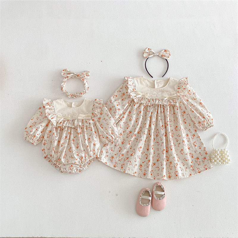 ロングワンピース 春新作ベビー服姉妹お揃い花柄長袖ロンパース
