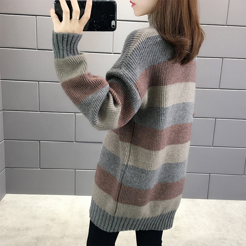 ロングワンピース ニット 縞模様ゆったりハイネックニットワンピース