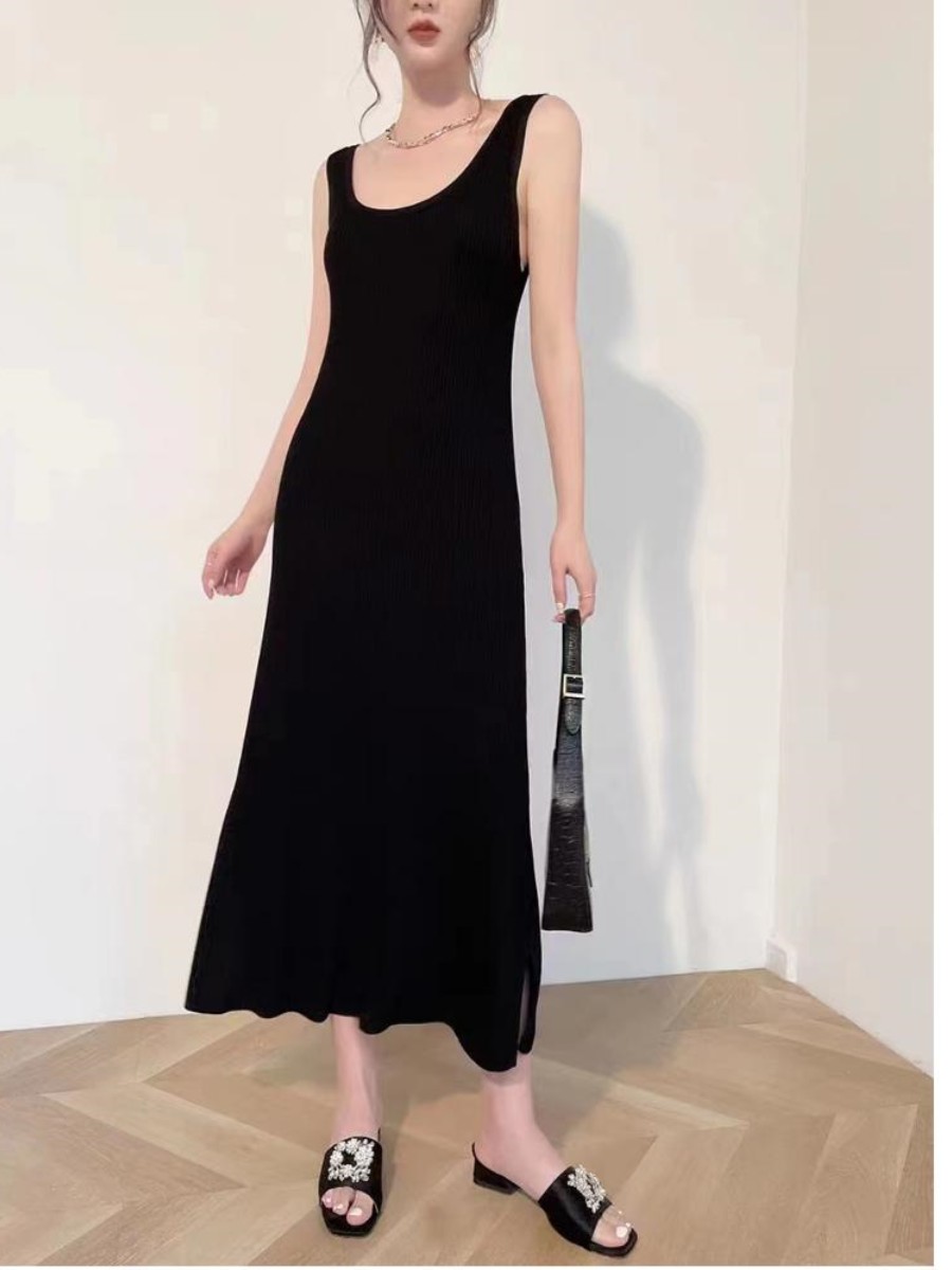 ロングワンピース ニット シンプル上品リブ編みノースリーブワンピース