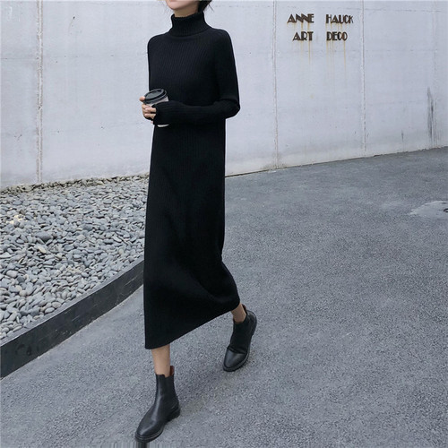 ロングワンピース タートルネック リブ編み長袖高襟ワンピース