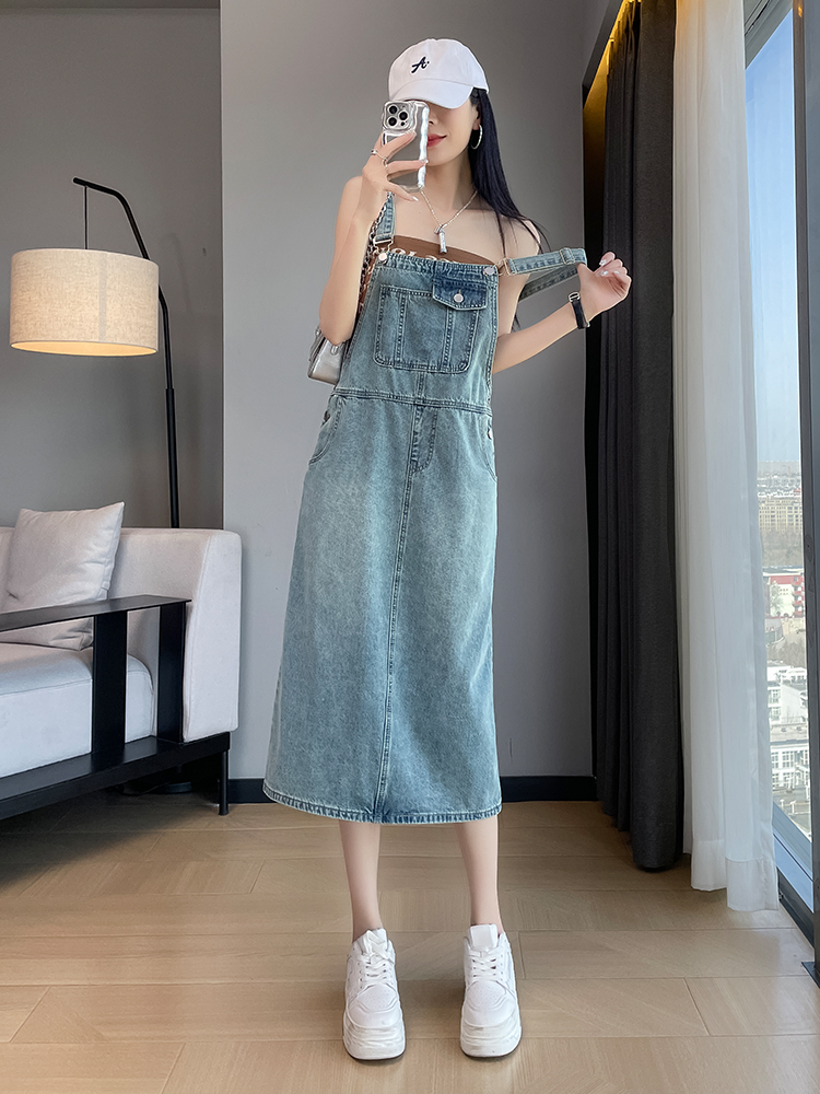 ロングワンピース デニム ポケット付きゆったりサロペット