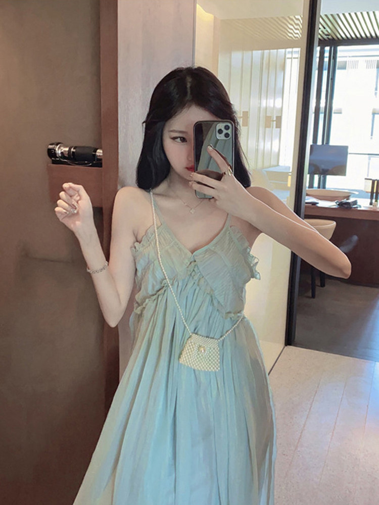 ロングワンピース キャミ 透け感シフォンフリル付きキャミソールワンピース