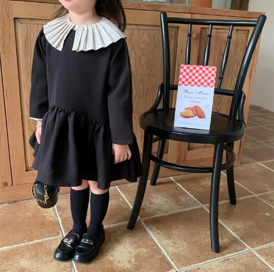 キッズ女の子襟付きロングワンピース黒90-140