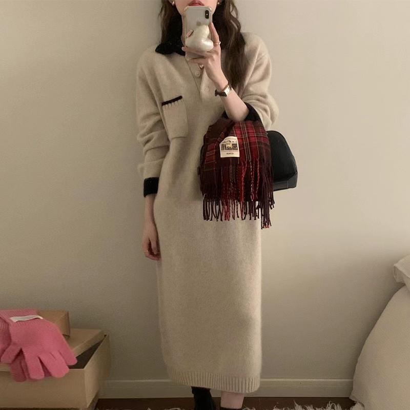 ロングワンピース お上品モールカラーあったかニットワンピース