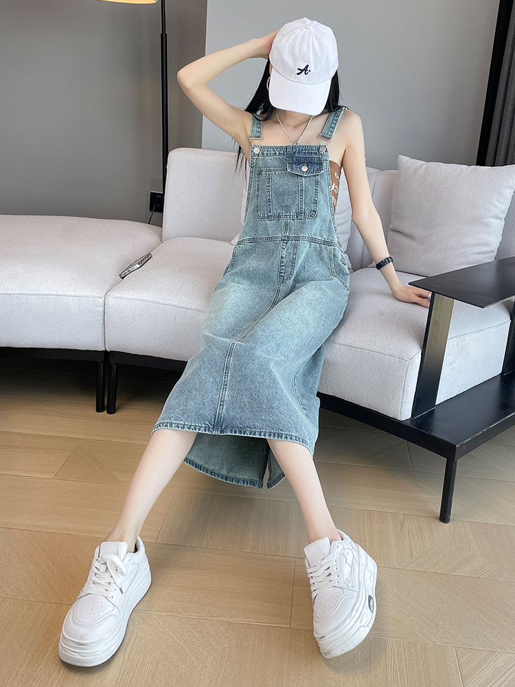 ロングワンピース デニム ポケット付きゆったりサロペット