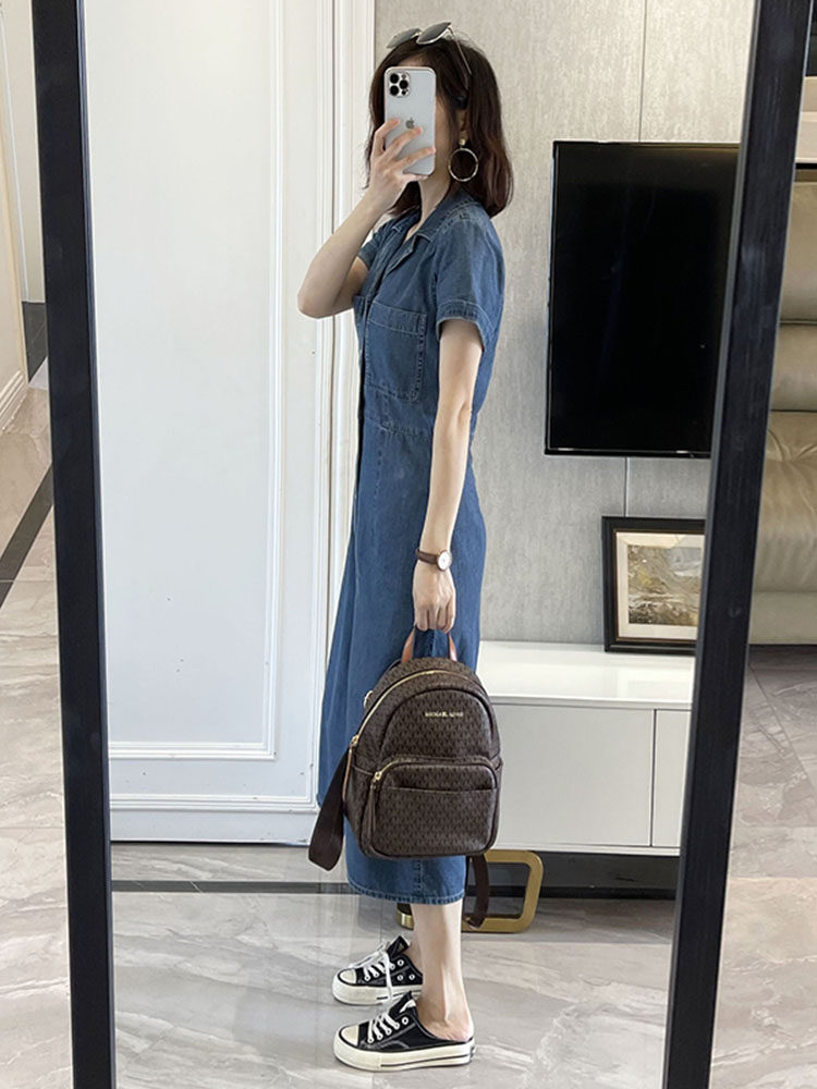 ロングワンピース シャツ 開襟デニムシャツワンピース前開きボタン付き