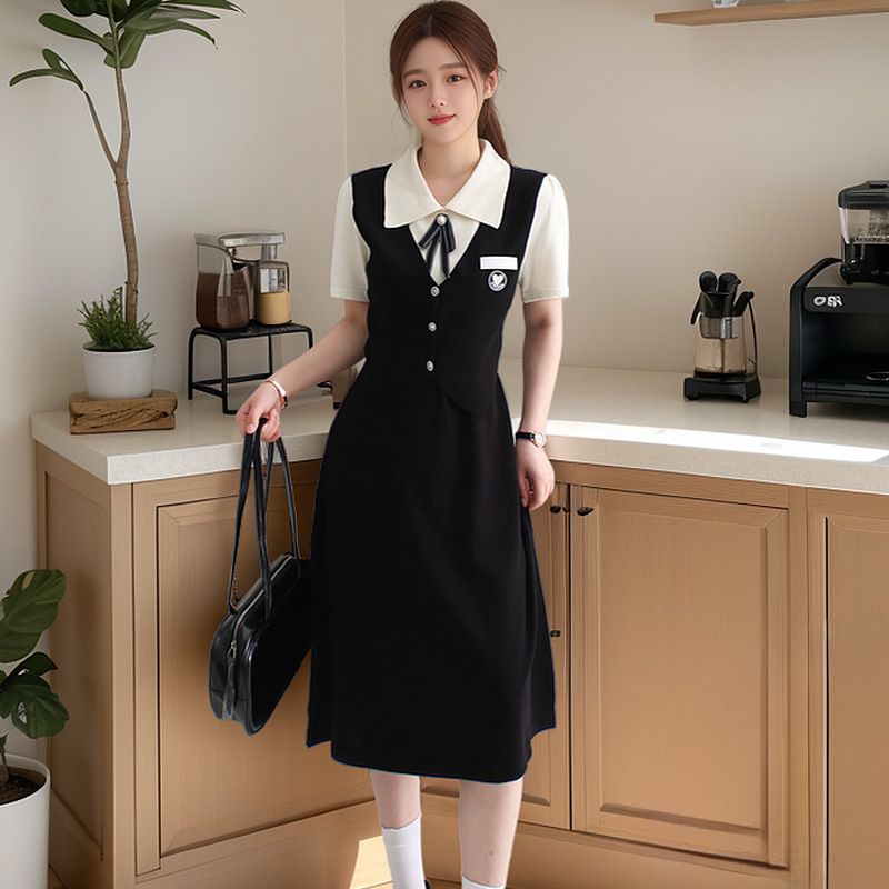 ロングワンピース ニット 襟付きデザイン学生風ワンピース