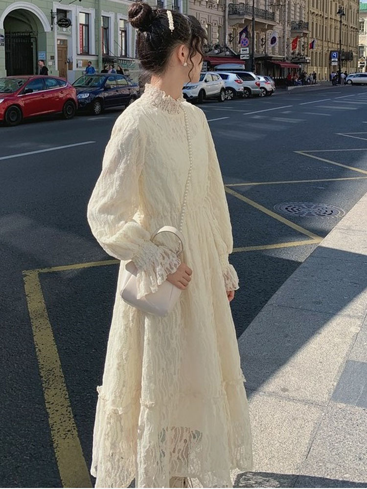 ロングワンピース レース編み花柄デザインワンピース