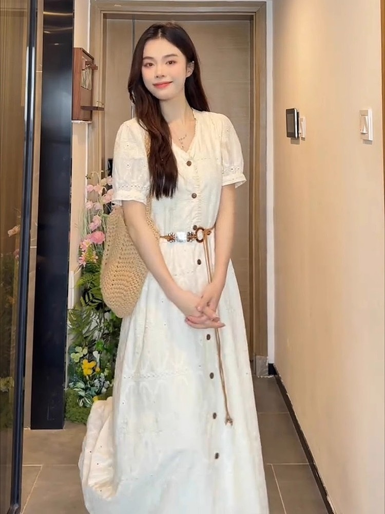 ロングワンピース レース 透かしレース前開きロングワンピース