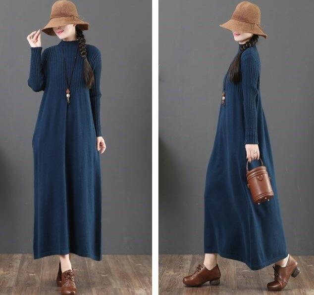 ロングワンピース 秋冬新作ニットマキシワンピース長袖タートルネック４色展開