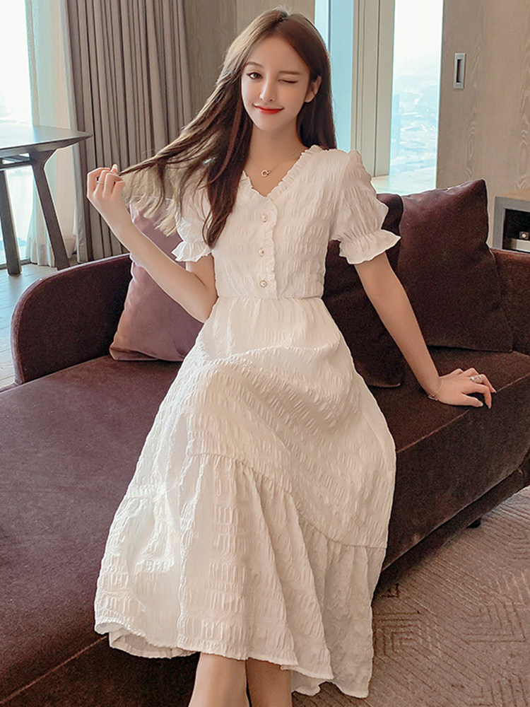 ロングワンピース シャツ シアー楊柳素材のパフスリーブシャツワンピース