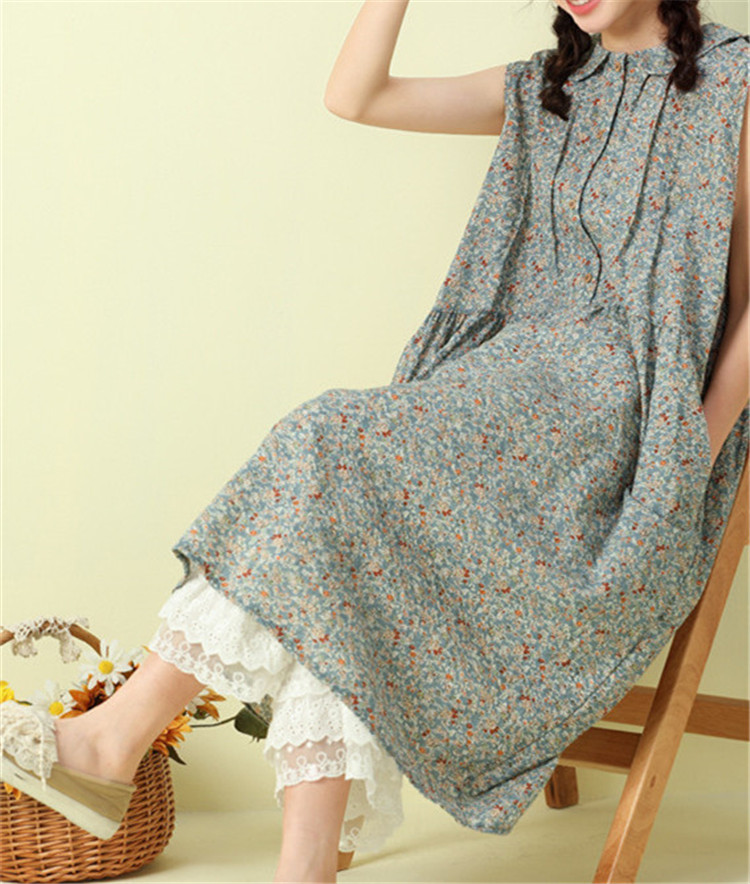 花柄ノースリーブ牧歌的ロングワンピース人形襟