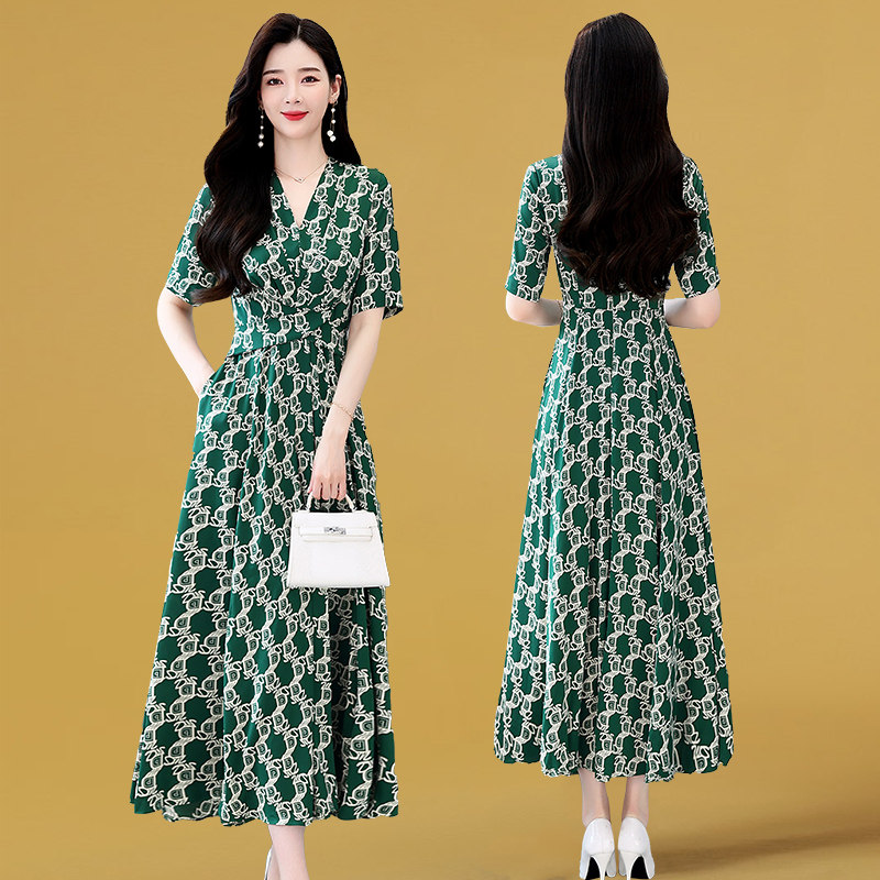 ロングワンピース シャツ チェーン柄プリント五分袖シャツワンピース