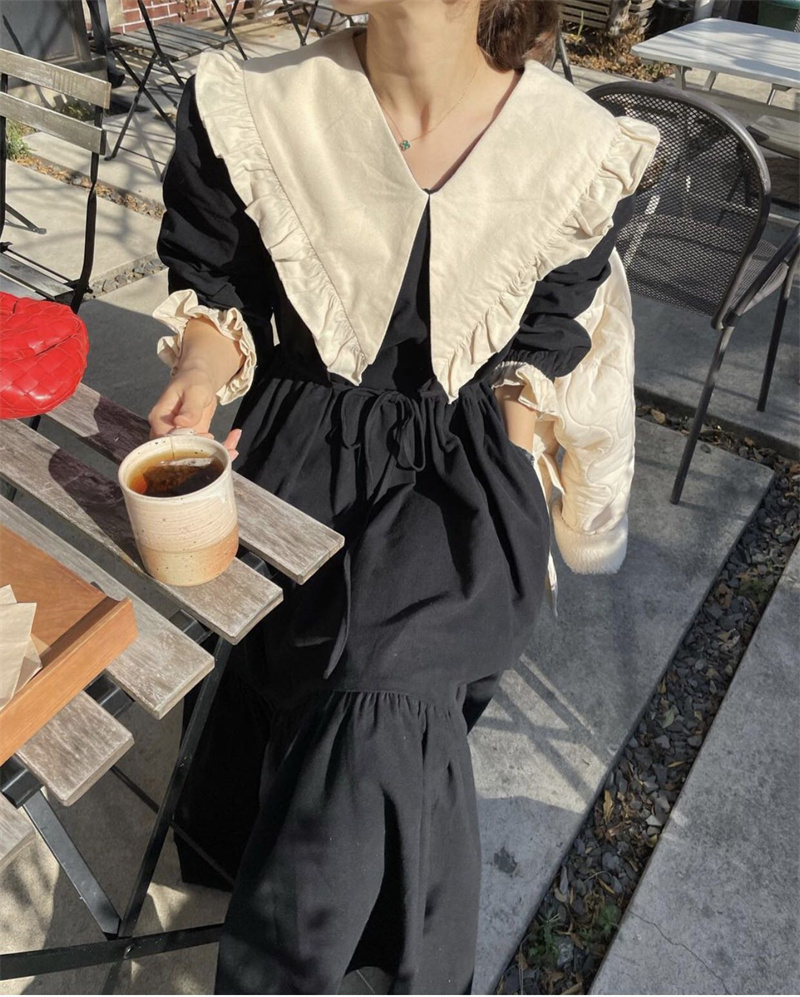 秋新作 レトロ風 大きなフリル襟 リボン付きロングワンピース