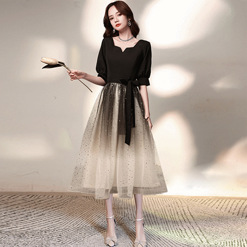 ロングワンピース フレア袖ミモレ丈ワンピース リボンベルト付きドレス演奏会用