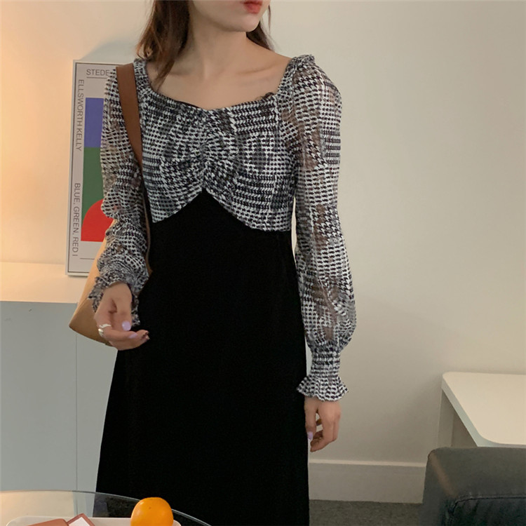 大人気レトロ千鳥格子フレアロングワンピース