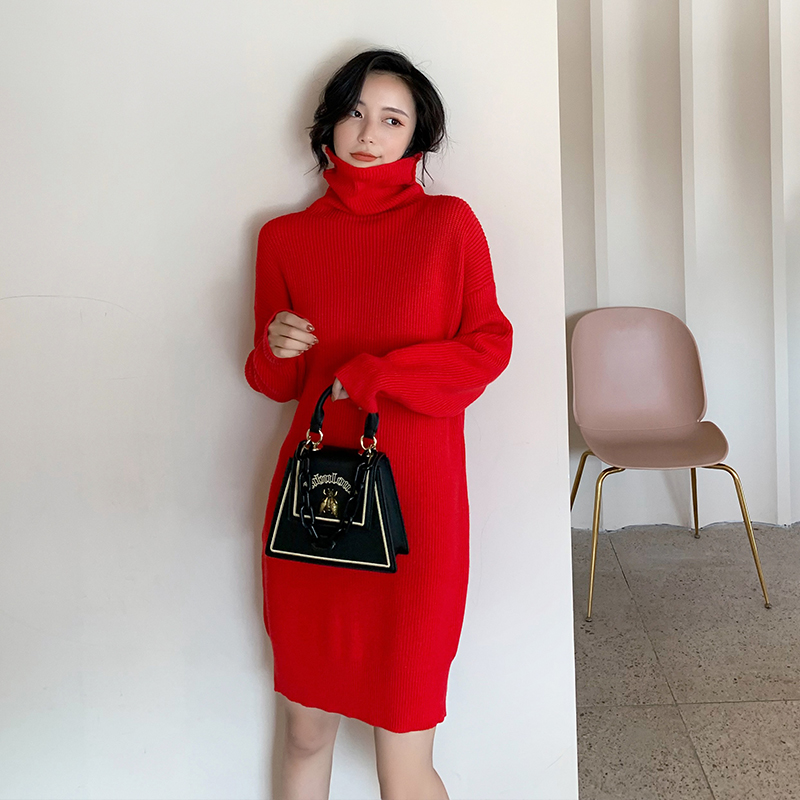 ロングワンピース タートルネック ゆったり袖のリブ編みタートルネックニットワンピース