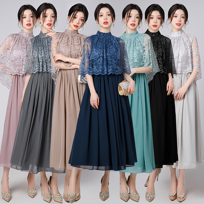 結婚式 披露宴 フォーマルドレス レース袖ロングワンピース