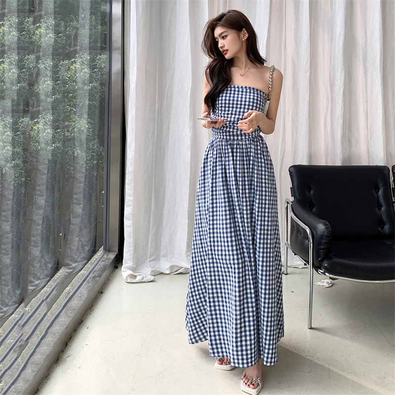 韓国風ギンガムチェックキャミロングワンピース