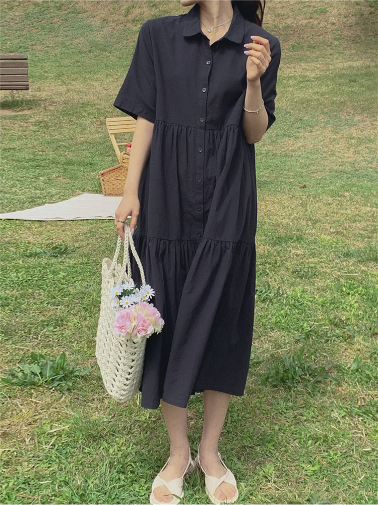 ロングワンピース シャツ ティアード裾広がりシャツワンピース