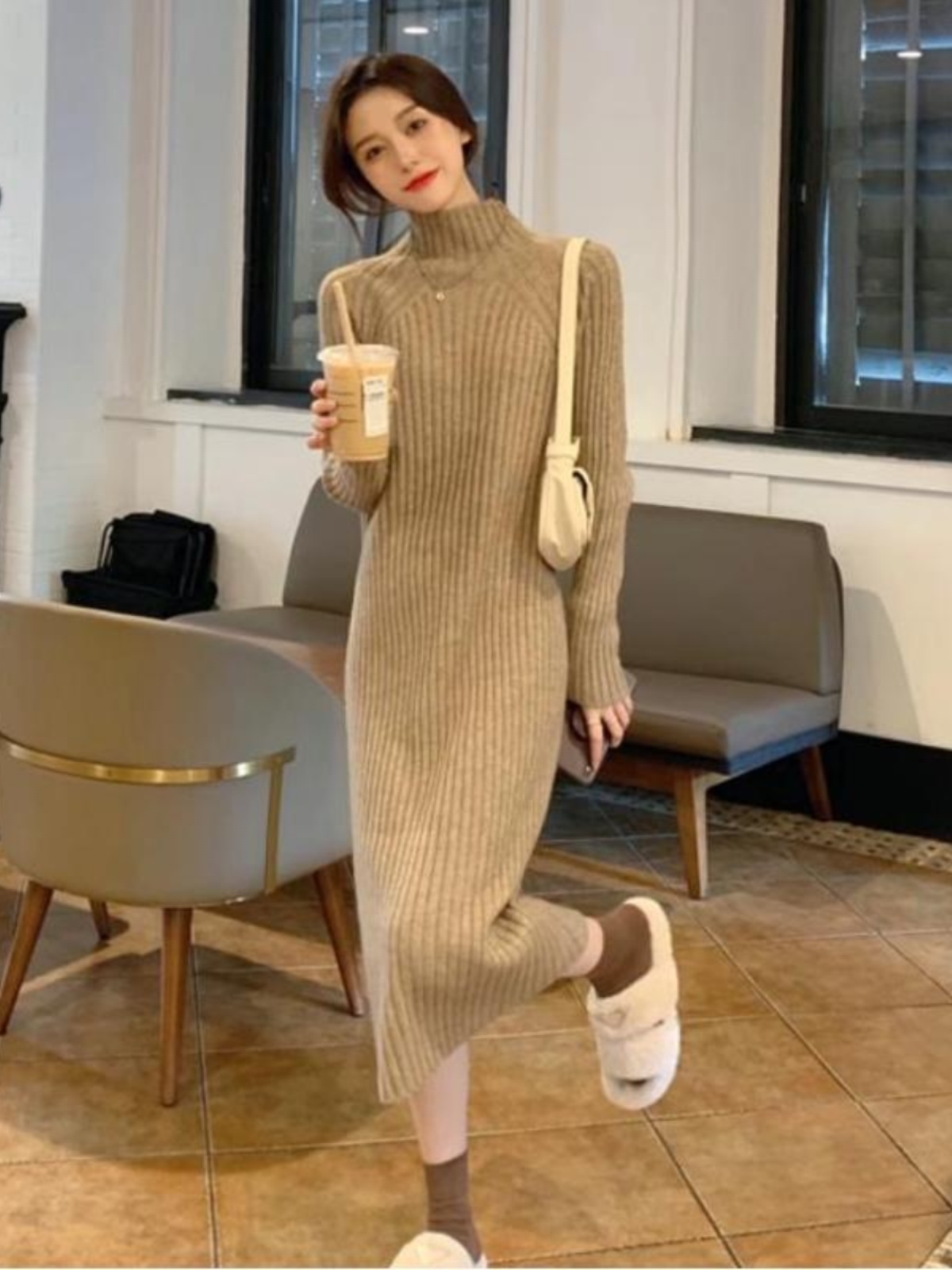 ロングワンピース ニット リブ編みハイネックロングワンピース