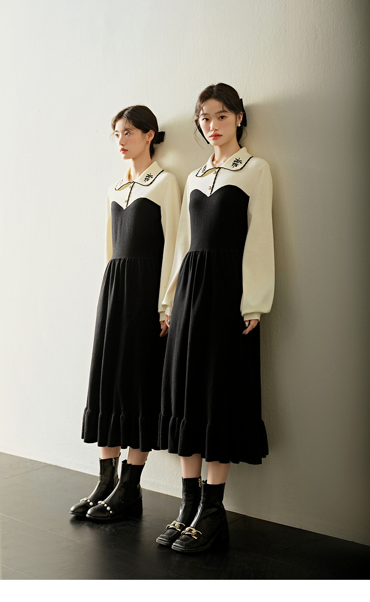 ロングワンピース フリル襟レトロニットワンピース