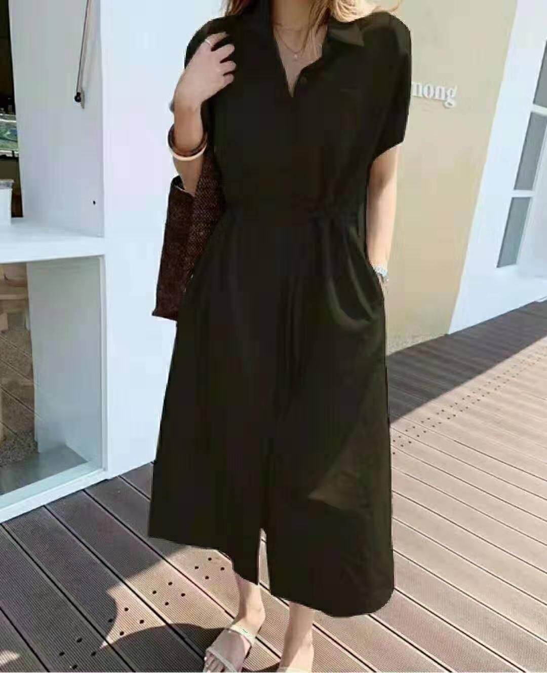 ロングワンピース シャツ ウエストリボン付き半袖シャツワンピース