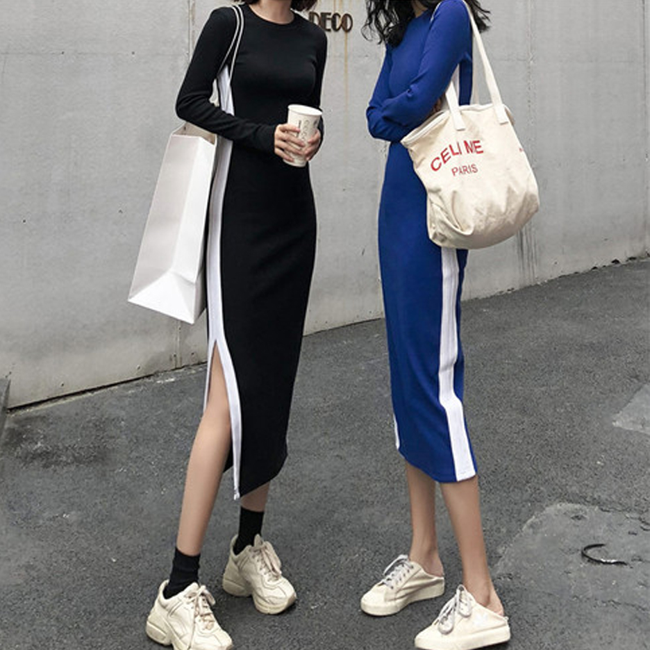 ロングワンピース スウェット サイドライン入りハイネックスウェットロングワンピース