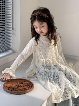 キッズ女の子白レースロングワンピース長袖100-140