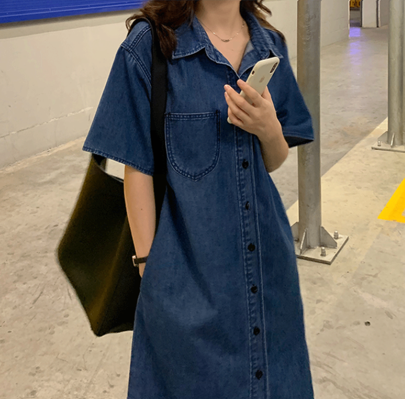 ロングワンピース デニム 半袖襟付きベルト付きミディ丈シャツワンピース