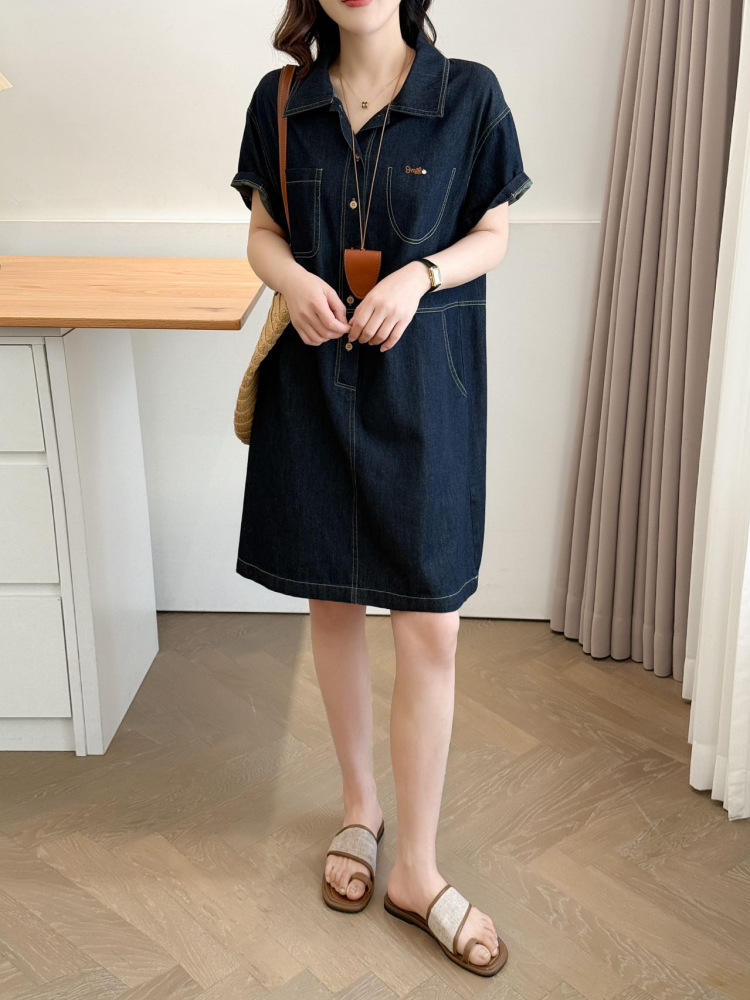 ロングワンピース デニム シンプル半袖シャツワンピース