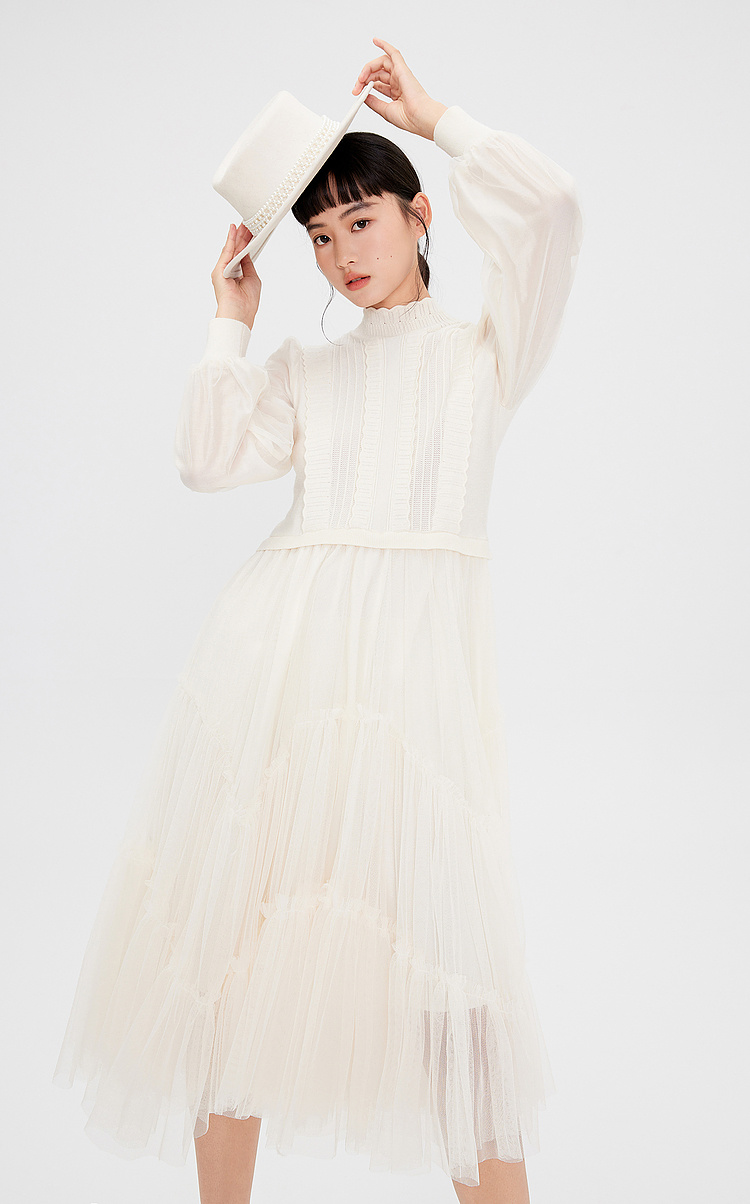 ワンピース タートルネック 優美チュールスカート タートルネックワンピース