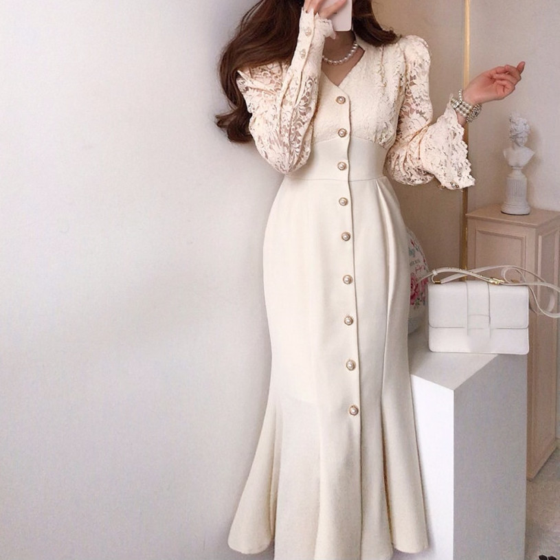 ロングワンピース 秋冬新作 フリルレース袖ロング丈ワンピース 上品ボタン