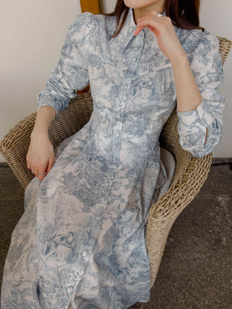 ロングワンピース 秋冬新作 韓国風花柄シャツワンピース 長袖ロング丈