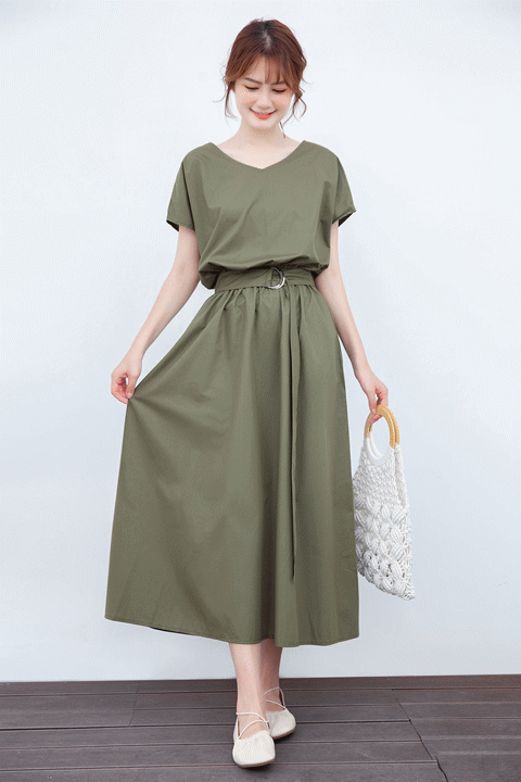 ロングワンピース 体型カバー ブイネック マキシ丈 ベルト付き ワンピース