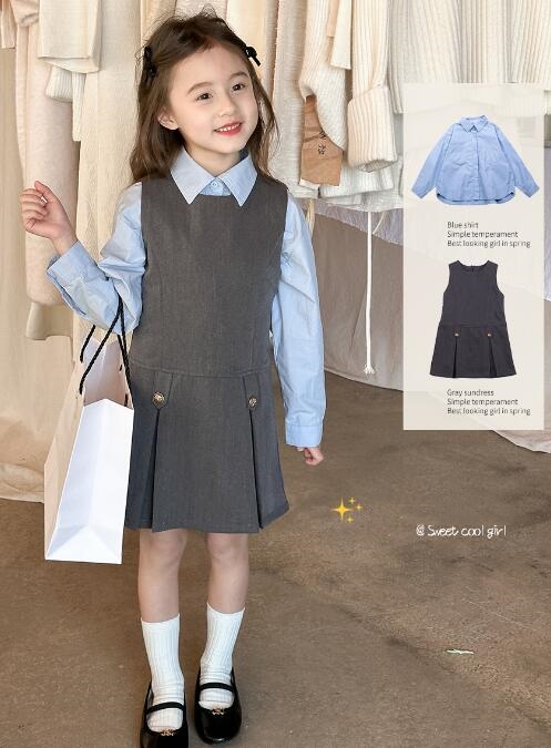 ロングワンピース 二〇二四年新作キッズジャンパースカート青シャツセット九十から百四十