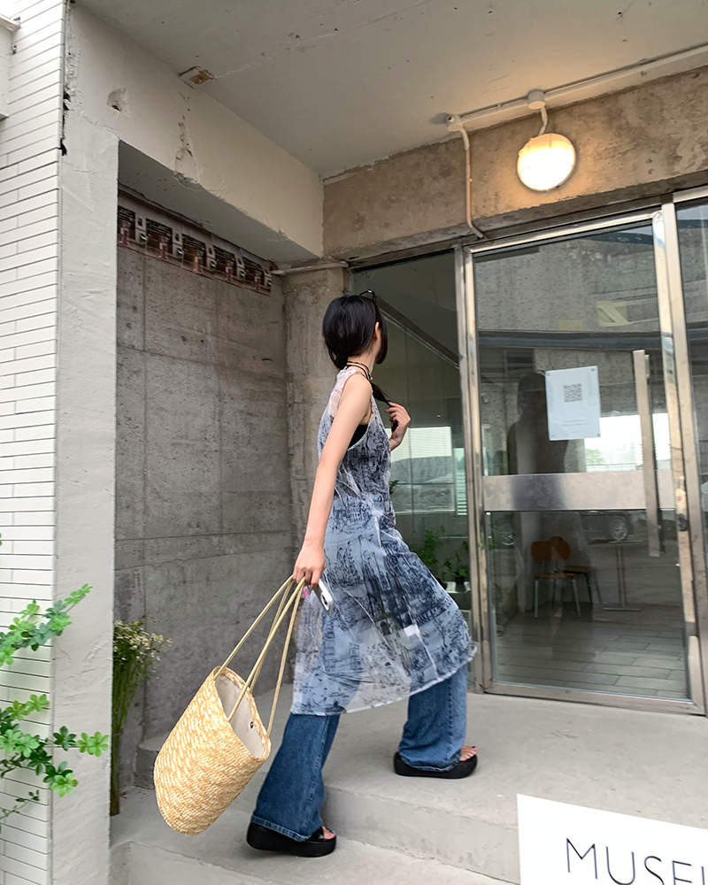 ロングワンピース レース 建築風景柄シアー素材キャミソールロングワンピース