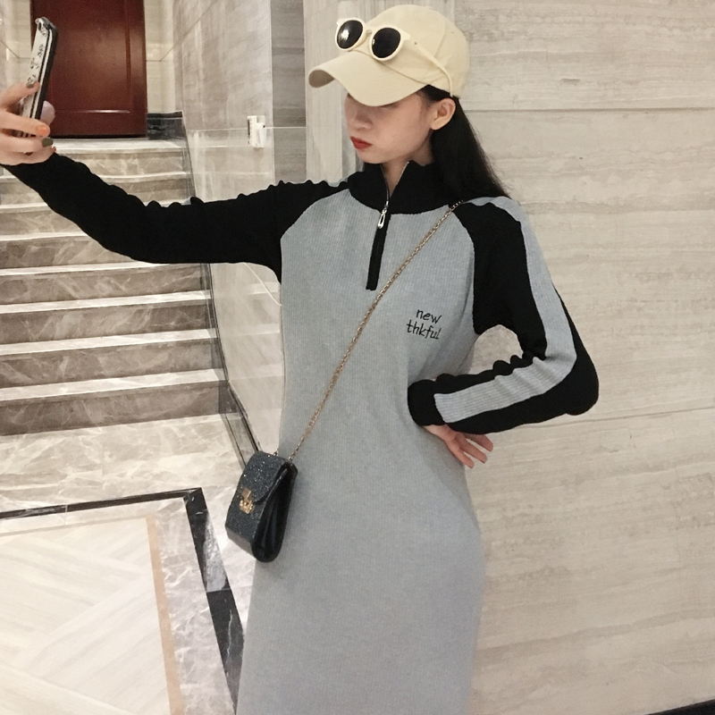 ロングワンピース タートルネック 配色切替タートルネックロングワンピース