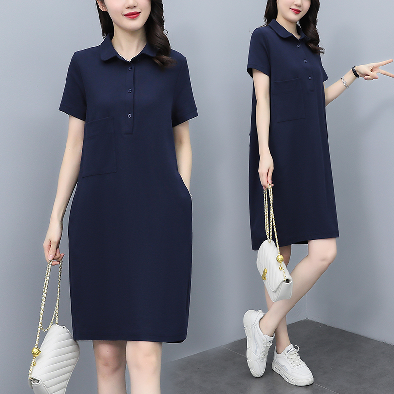 ロングワンピース シャツ 襟付き半袖ゆったりシルエットワンピース