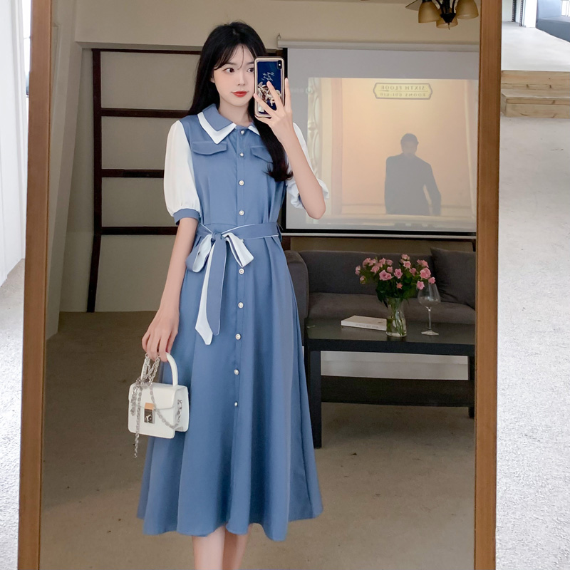 配色切替え襟付きウエストリボンロングワンピース