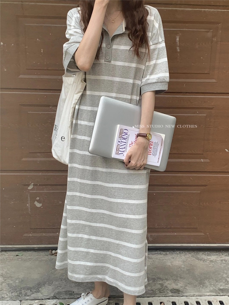 ロングワンピース スウェット 襟付きボーダー柄スウェットロングワンピース