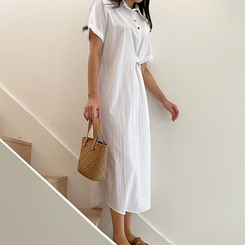 ロングワンピース シャツ 襟付き半袖ウエストリボンロングワンピース