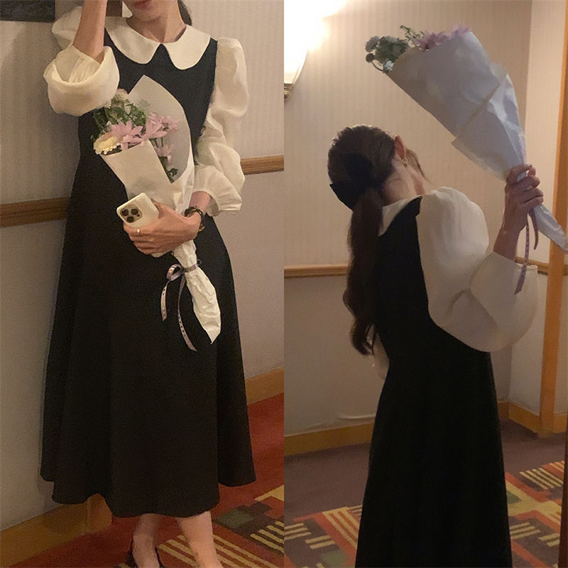 韓国風フレア袖重ね着風ロングワンピース