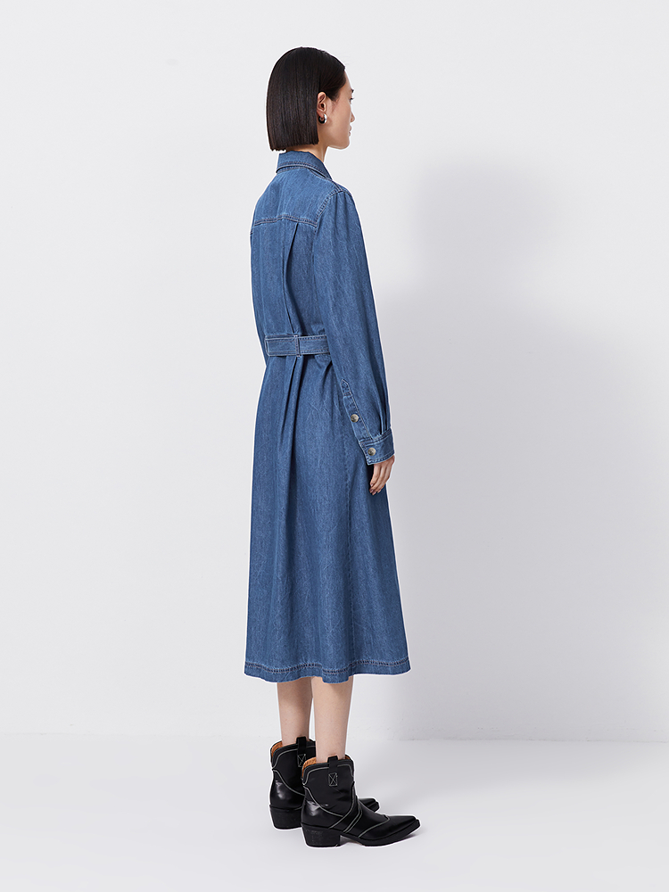 ロングワンピース デニム クラシック前開きベルト付きワンピース