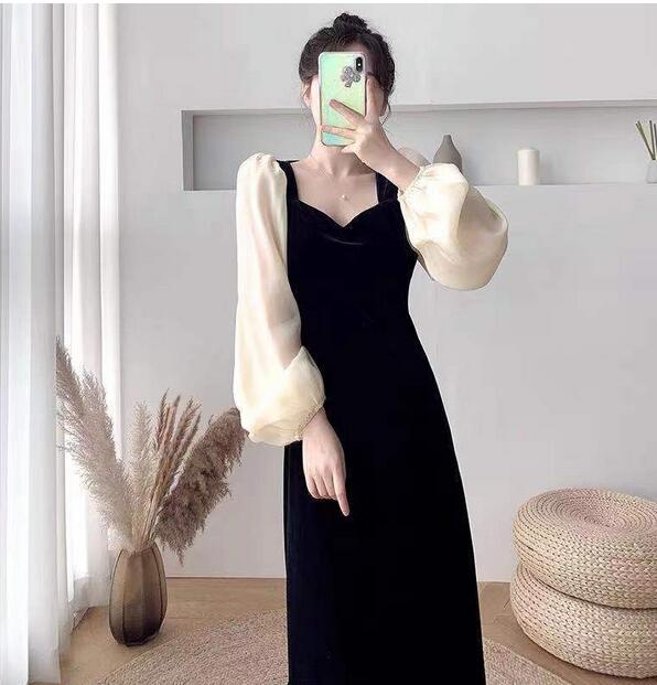 フリル袖復古調ロングワンピース ウエストシェイプ上品レディース