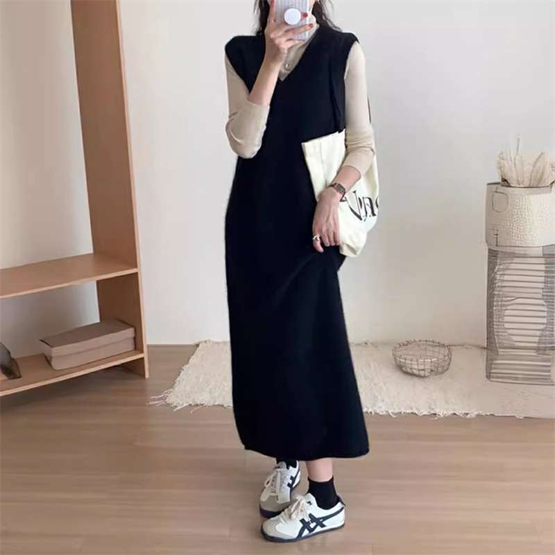 ロングワンピース シンプル上品ニットベストワンピース