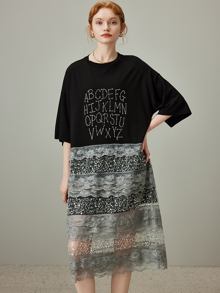 ロングワンピース レース 文字刺繍レース切替ロングワンピース