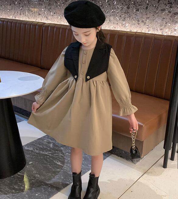 キッズ秋新作ベスト風ロングワンピース110-160センチ