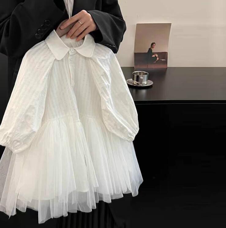 キッズ白襟付きチュールロングワンピース九十から百四十センチ