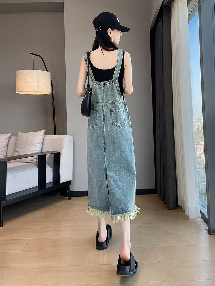ワンピース デニム 裾フリンジサロペットワンピース
